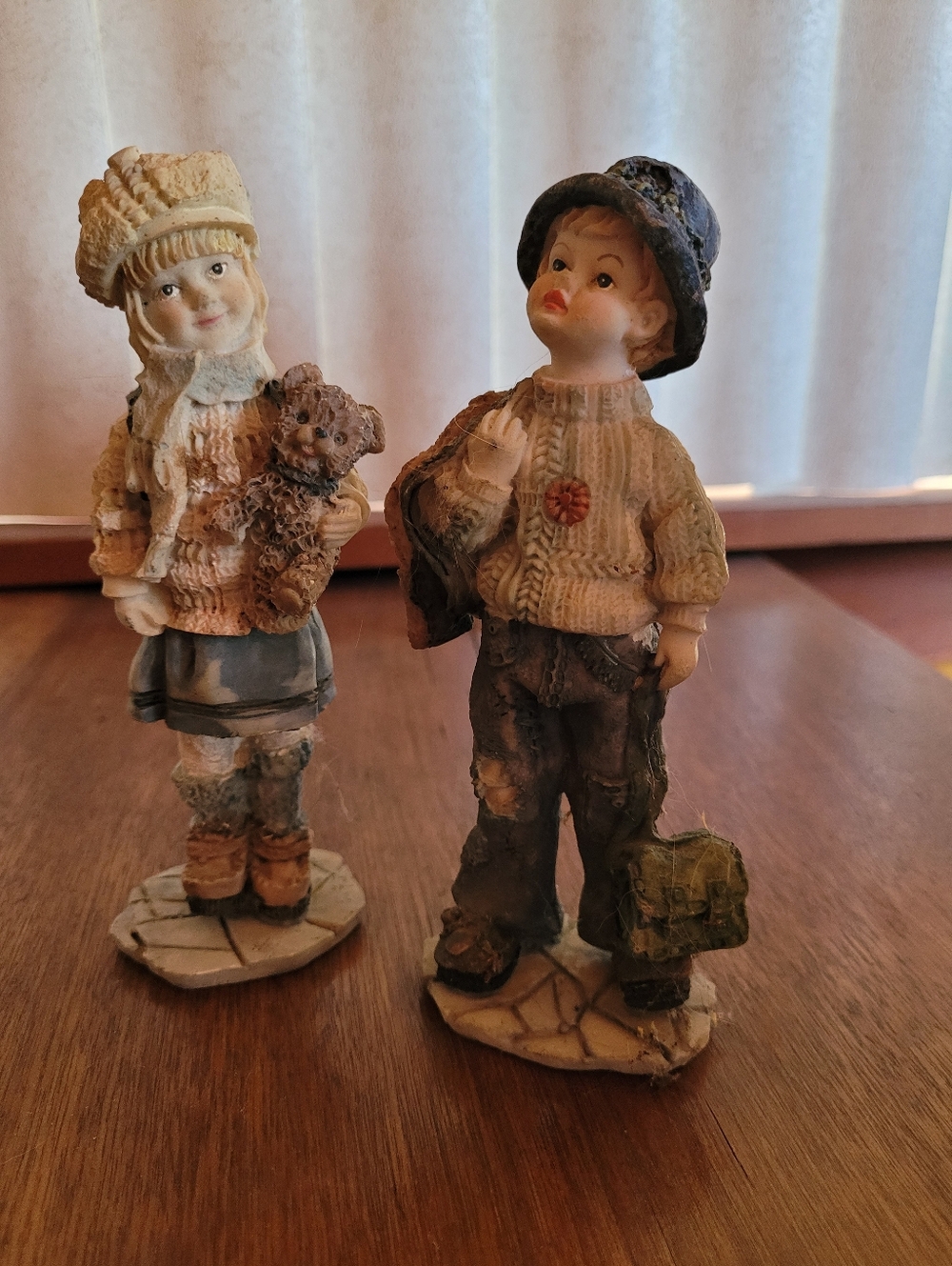 Hand-Painted Ceramic  Boy and Girl Figurine Set in Cream and Brown (114)